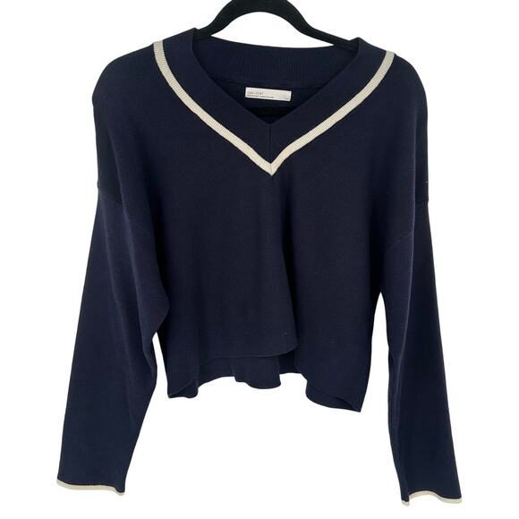 Oak + Fort Cropped Blue Sweater White Trim Long Sleeve Academia Preppy Winter S - Picture 1 of 6